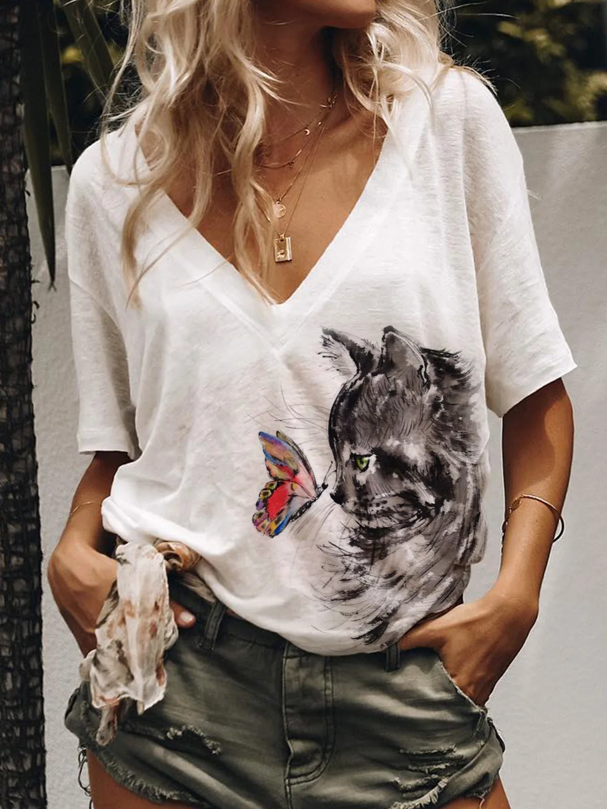 

Women's Top Kitten Print Casual Loose V-Neck Short-Sleeved T-Shirt Female & Lady Fashion Tops