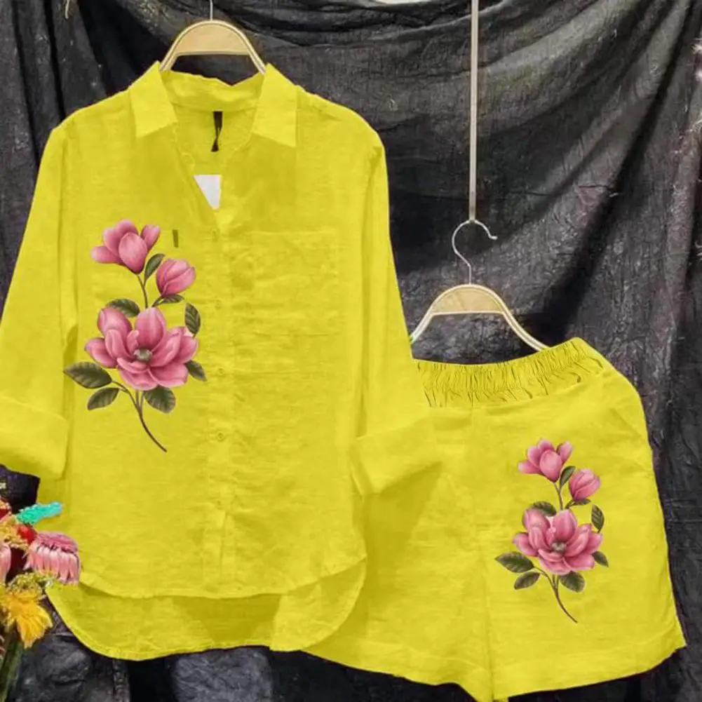 

2Pcs/Set Women Summer Floral Printing Women Casual Outfit Lapel Long Sleeve Shirt Tops Button Fly Wide Leg Pockets Shorts Set