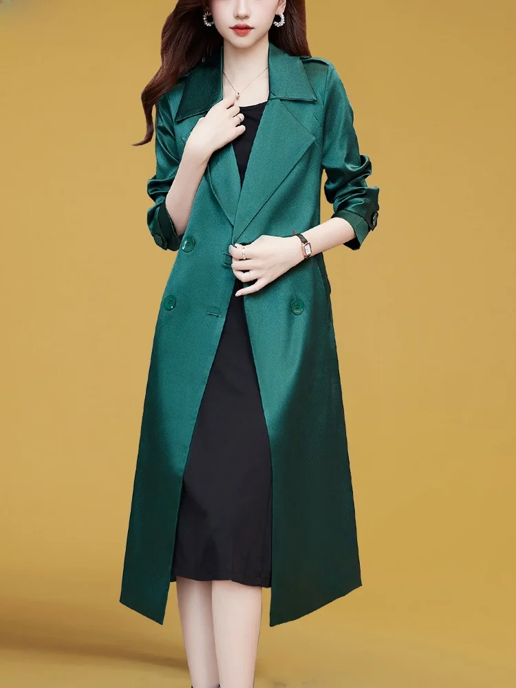 Модный зеленый плащ 2024 новая женская одежда осенняя средней длины на весну и