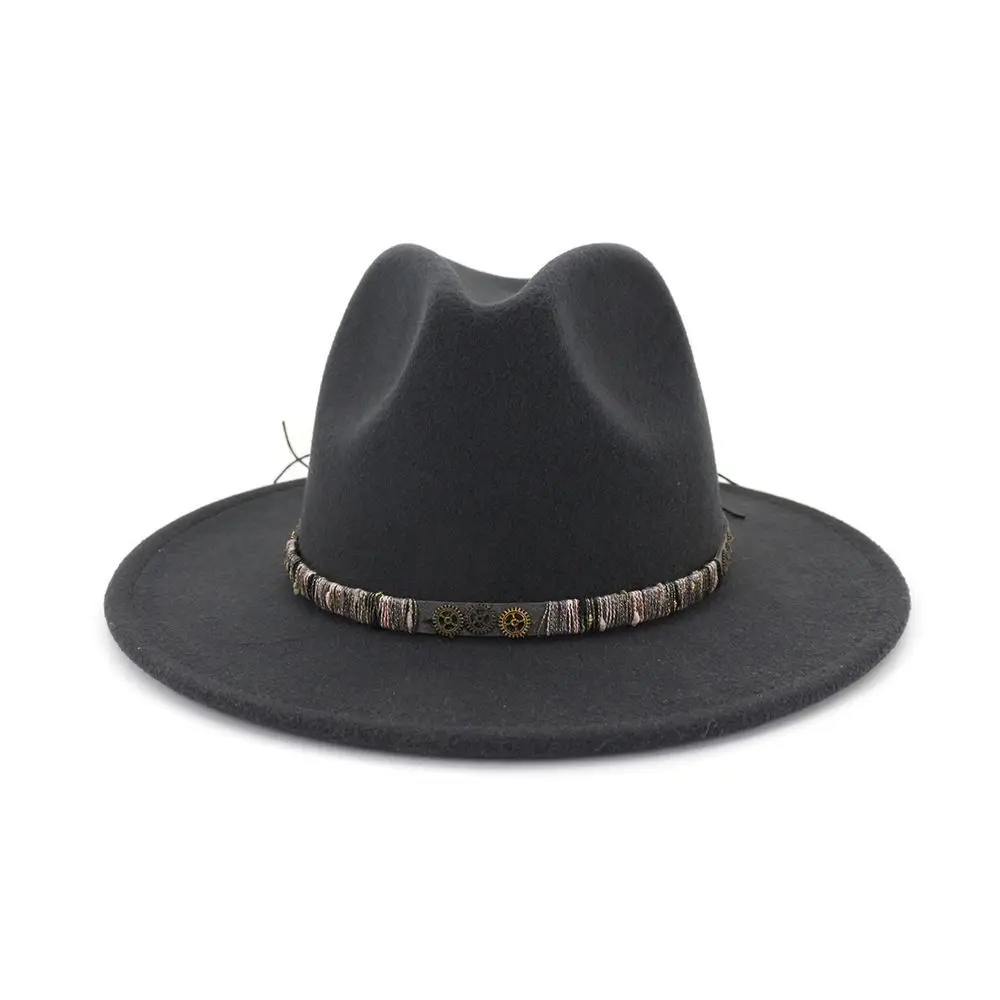 

2022 Men's Fedora Western Cowboy Hat Metal Belt Gentleman Jazz Hat Spring and Autumn Women's National Big Brim Felt Hat Outdoor