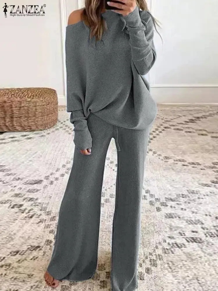

2PCS Fashion Women Knitted Matching Sets ZANZEA Spring Urban Tracksuit Solid Casual Long Sleeve Blouse Suit Wide Leg Pants Sets
