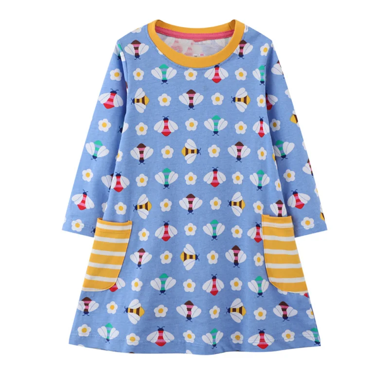 

Little maven Baby Girls Dress Long Sleeves Spring and Autumn Cotton Flower Bees Kids Clothes Casual for Toddler Children 2-7year