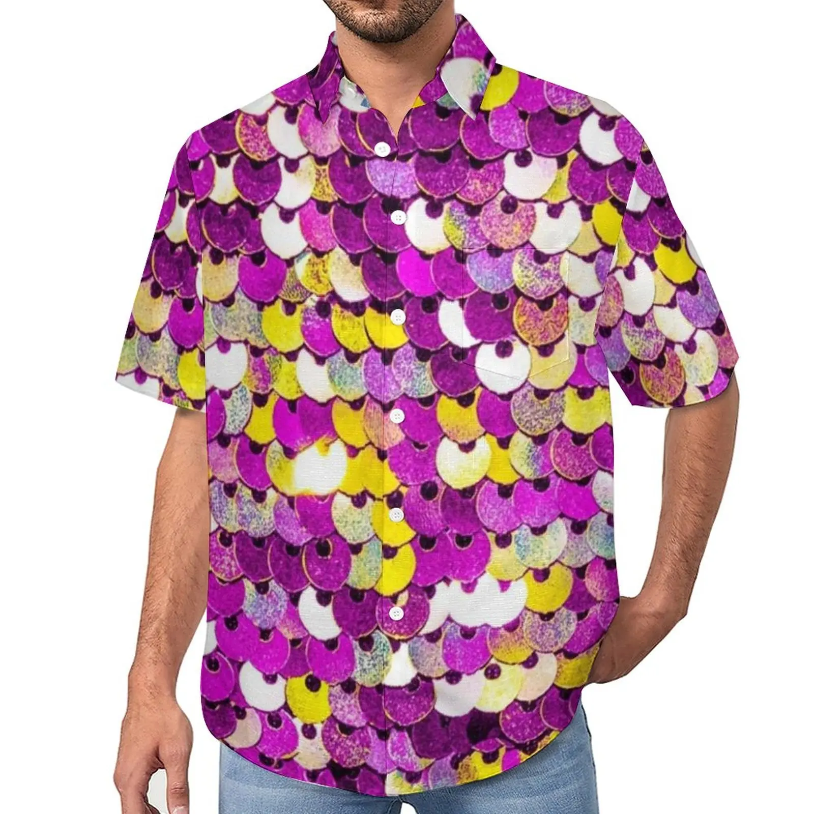 

Colorful Sparkle Loose Shirt Man Vacation Funky Sequins Print Casual Shirts Hawaiian Design Short Sleeve Retro Oversize Blouses