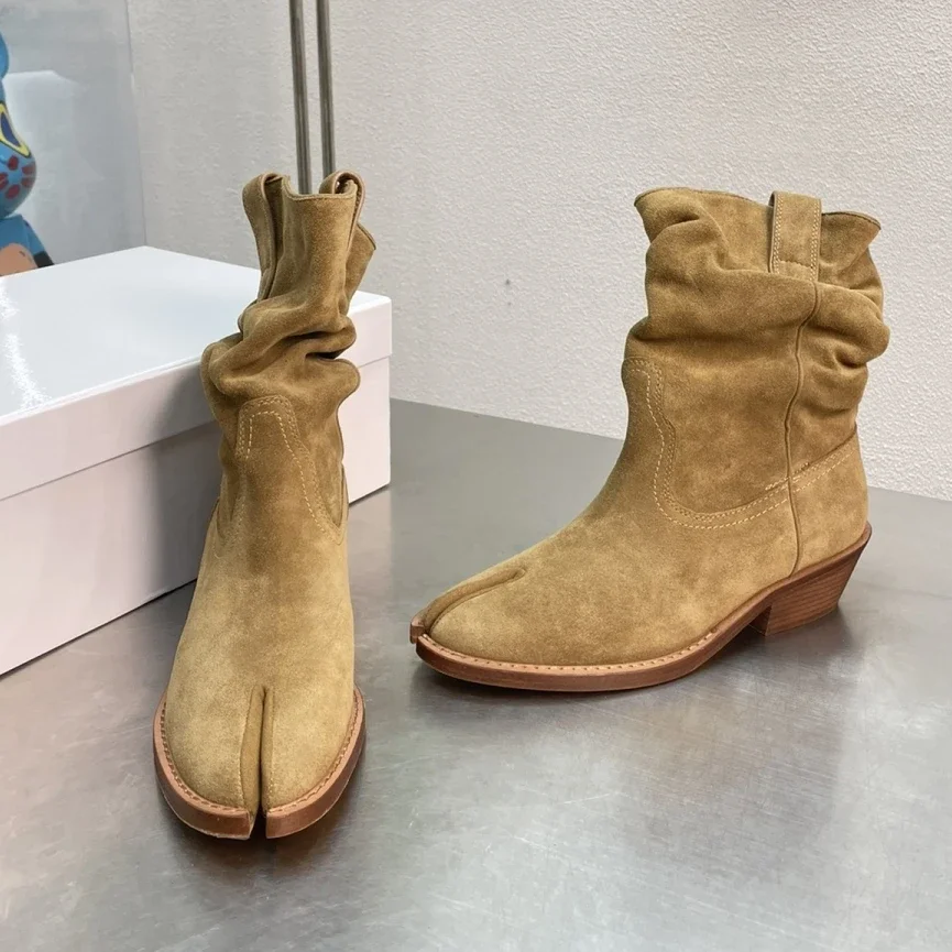 

Split Toe Western Denim Boots 2023 Autumn/Winter New Thick Heel Middle Heel Genuine Leather Short Boots Women's Boots Naked Boot