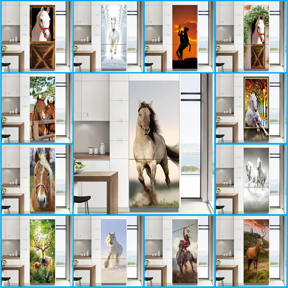 

Self-adhesive Horse Fridge Stickers Vinyl Refrigerator Wallpaper Door Cover Film Deer Panda Wall Poster Kitchen Decoration Mural