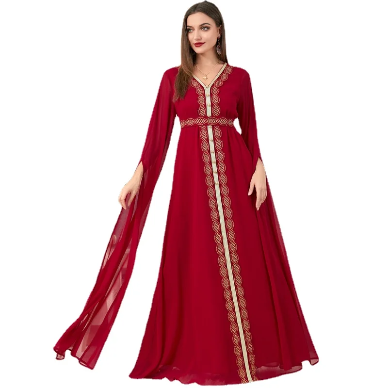 Abayas Femme Musulman Red V Neck Belt Gold Embroidery Elegant Robe Party Dresses For Women For A Wedding Chiffon Sleeves Ramadan