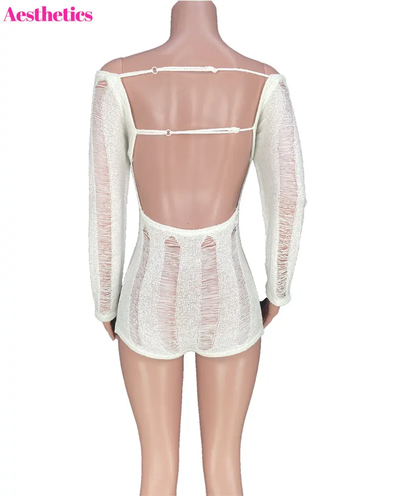 Women Hollow Out Backless Knitted Playsuits Bodycon Sexy Long Sleeve Straps Shorts Jumpsuit Fashion Casual Holiday Rompers