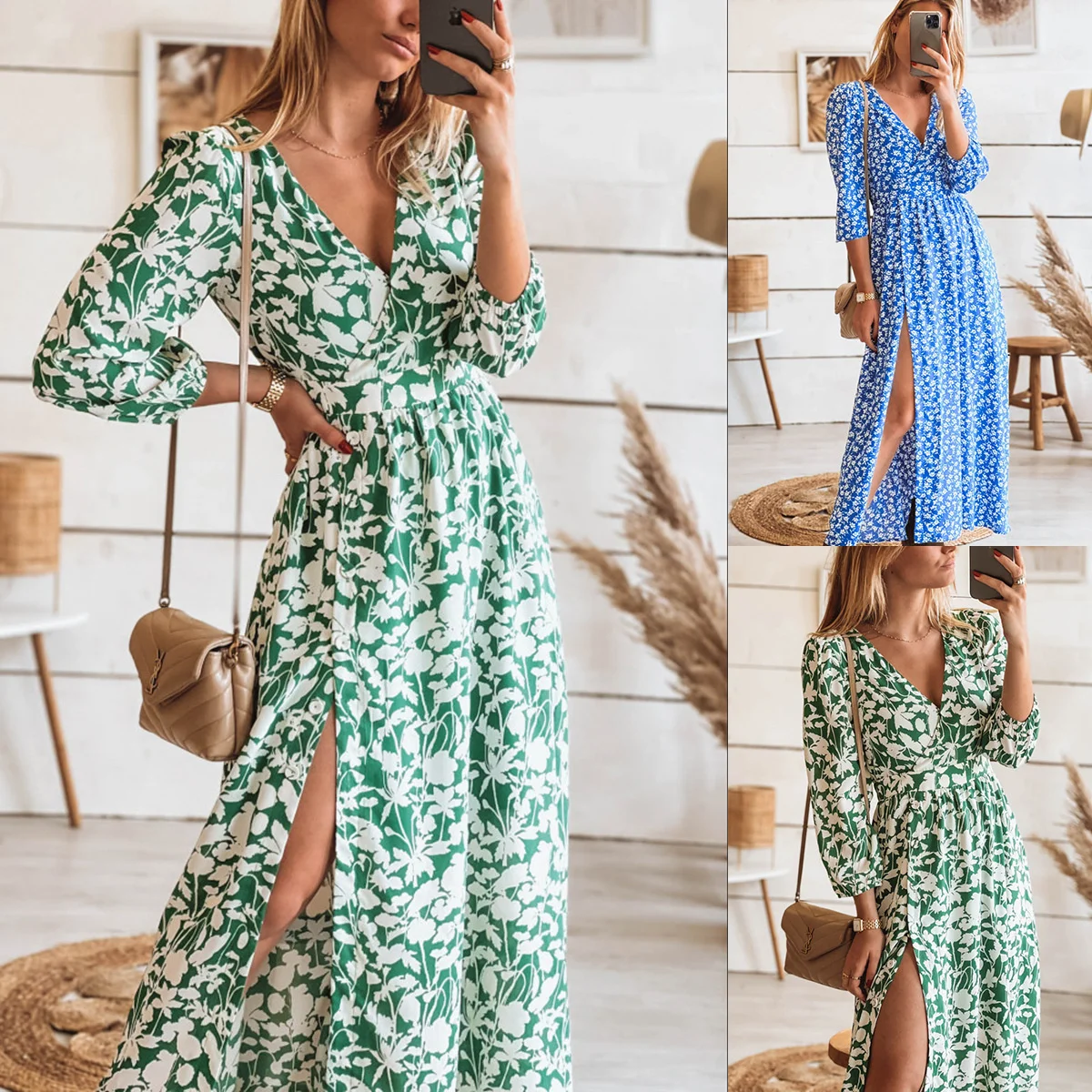 

Summer Beach Maxi Dress Women Floral Print Boho Long Chiffon Dress Ruffles Wrap Casual V-Neck Split Sexy Party Dress Robe oodji