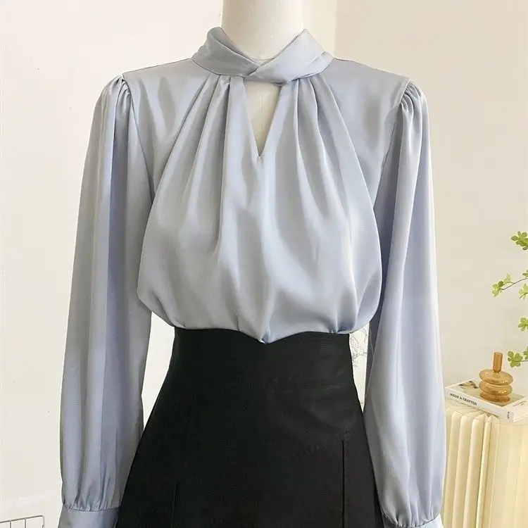 

Women's Long Sleeves Top Solid Femininas Blusas Mujer Pullovers Women Tops Blouse 2023 Elegantes Satin Scraf Collar Shirt A326