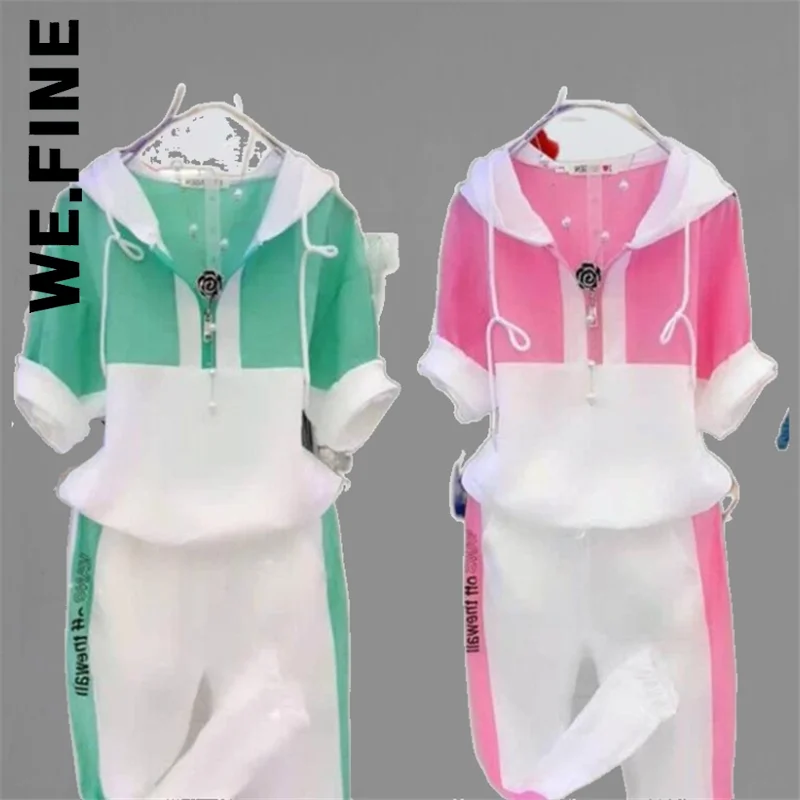 

We.Fine Women Set New Short Sleeve Hooded Sweater Tracksuit Two Piece Set High Waist Womens Women's Tracksuit Set Female