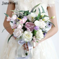 janevini 2022 romantic pink purple bridal bridesmaids bouquets artificial silk roses flowers hydrangea wedding fake accessories