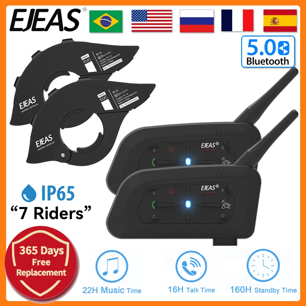 EJEAS V7 with Handlebar Grip Remote Control EUC 7 Riders Motorcycle Helmet Headset Intercom Bluetooth  Interphone Duplex Communi