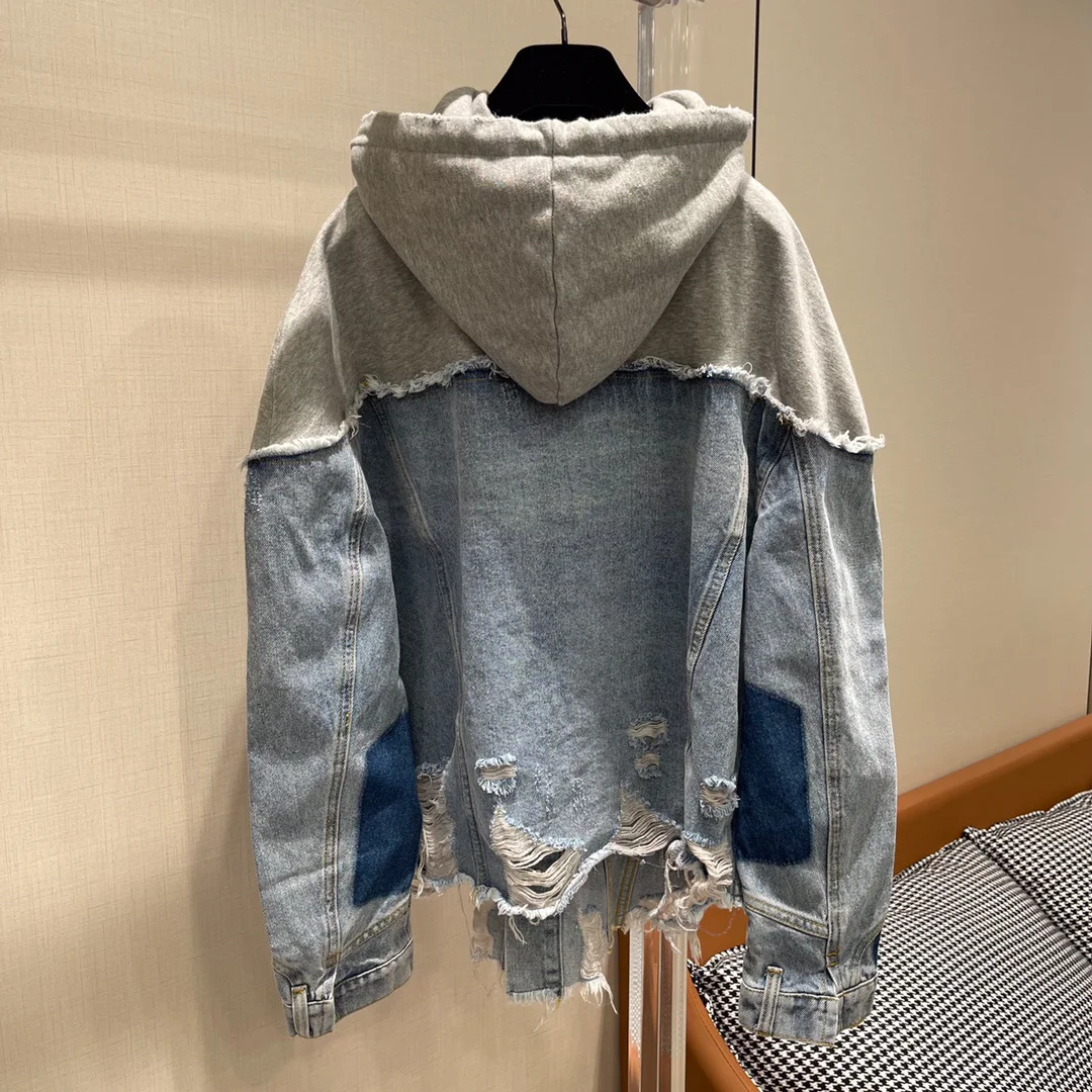 

Original Women Brand Fashion Stitching Denim Jacket High Quality Ripped Famous Hoodie Pullover Unique Design Casual Luxury Coat