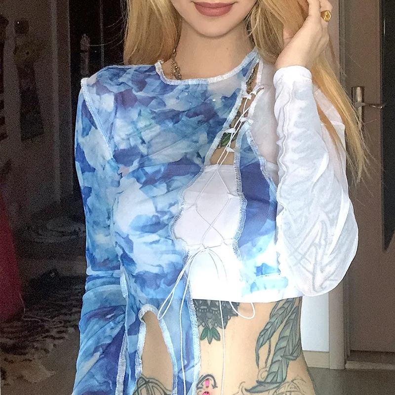 

Sexy Lace Mesh Print Round Beck Tie T-shirt with Chest Wrap Jumper Tees Ladies Slim Two-piece Umbilical Crop Tops Women Clothing