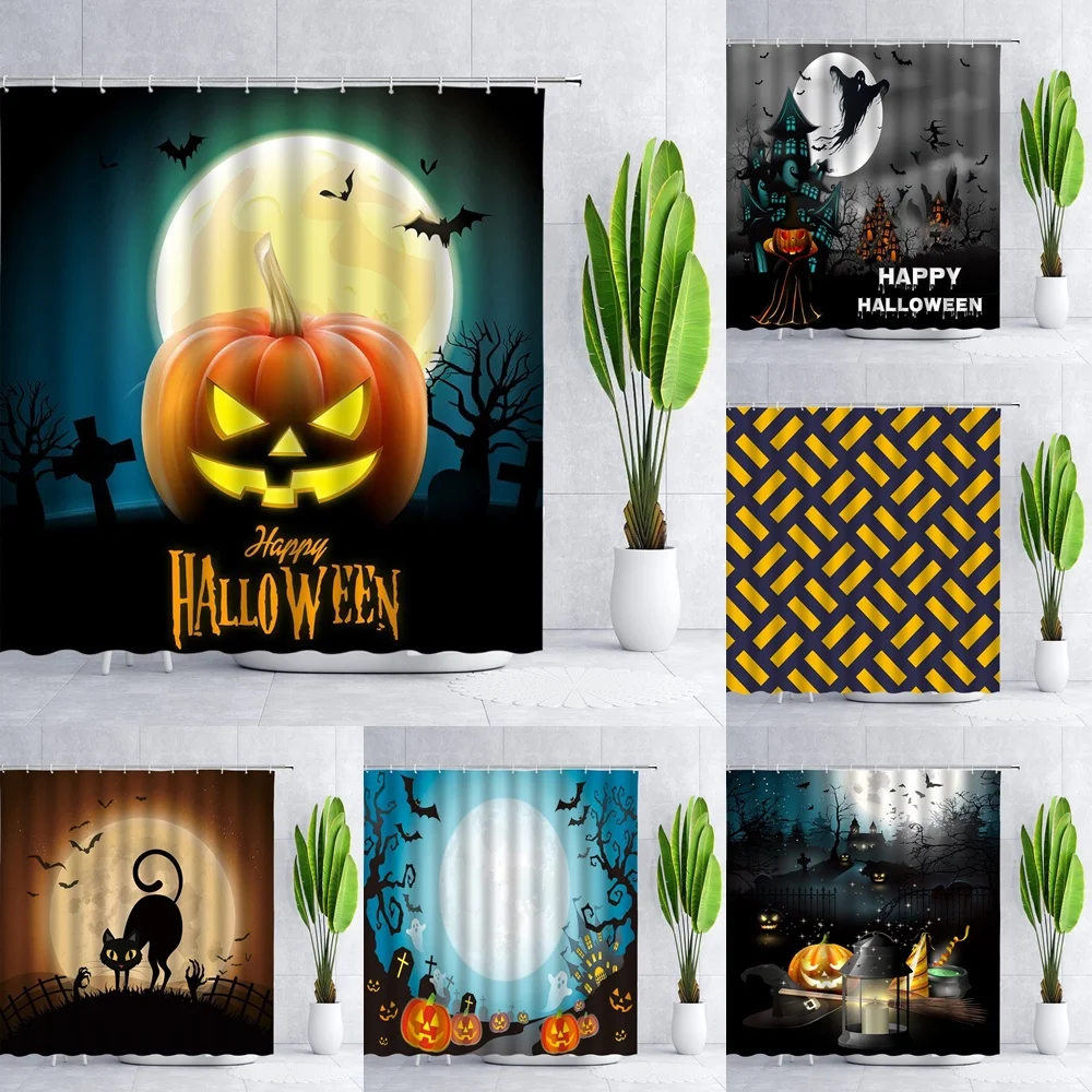 

Halloween Shower Curtain Black,Orange,Autumn Pumpkin Harvest Holiday Interesting Witch Bathroom Decoration Fabric Curtains