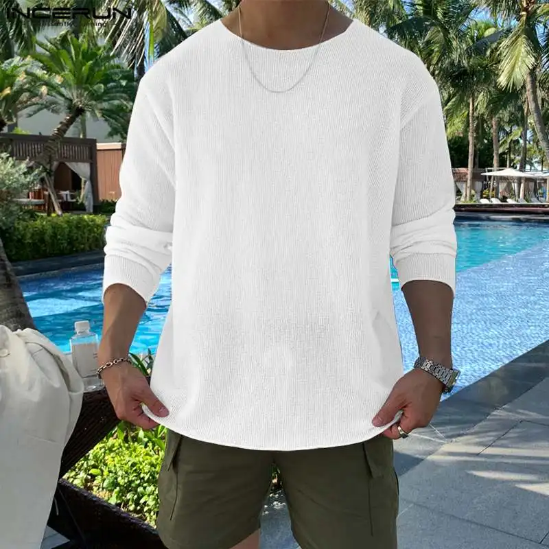 

INCERUN Tops 2023 Korean Style Fashion Men's Solid All-match T-shirts Casual Streetwear O-Neck Loose Long Sleeve Camiseta S-5XL