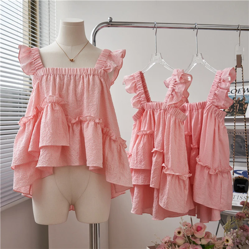

Pink Plaid Tank Top Women 2022 Summer Ruffled Patchwork Loose Tanks for Sweet Girls Kawaii Clothes