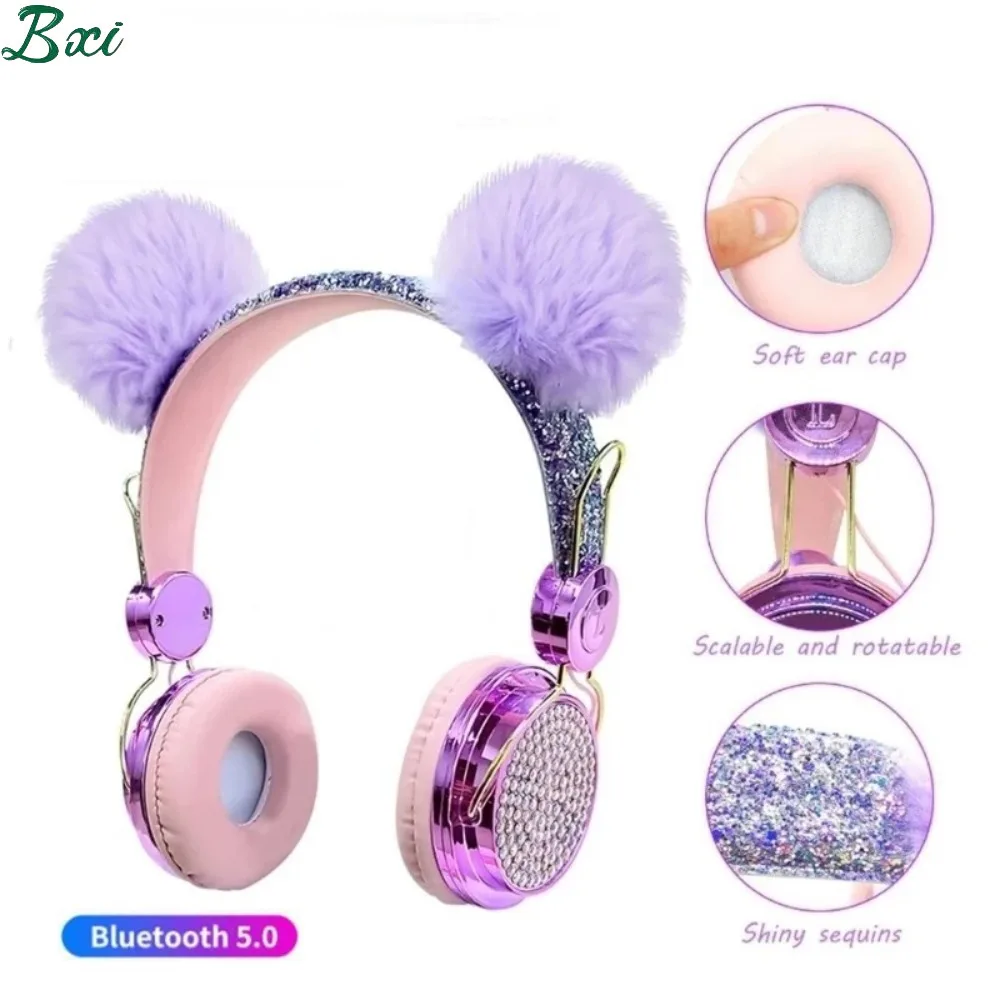

Bling Wireless Headphones Bluetooth Girls Wired Earphones with Microphone Children's Luxury Glitter Cute Hairball Music Headset