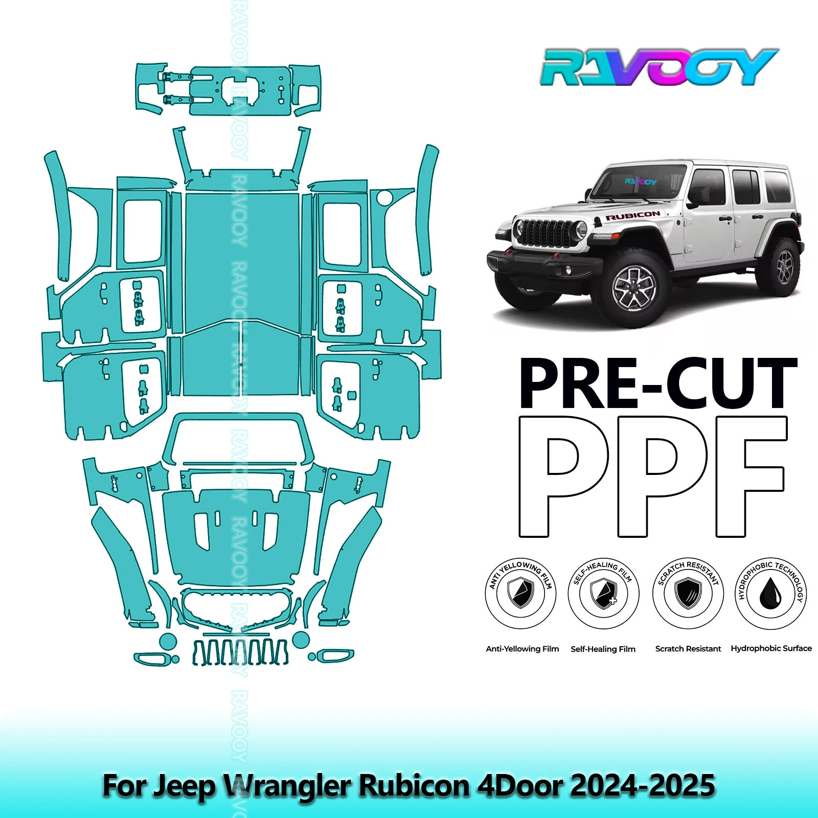 Фото Защитная пленка PPF 8.5 Mil для полной оклейки автомобиля Jeep Wrangler Rubicon 4-дверный 2024-2026, прозрачная, самовосстанавливающаяся, из ТПУ №1