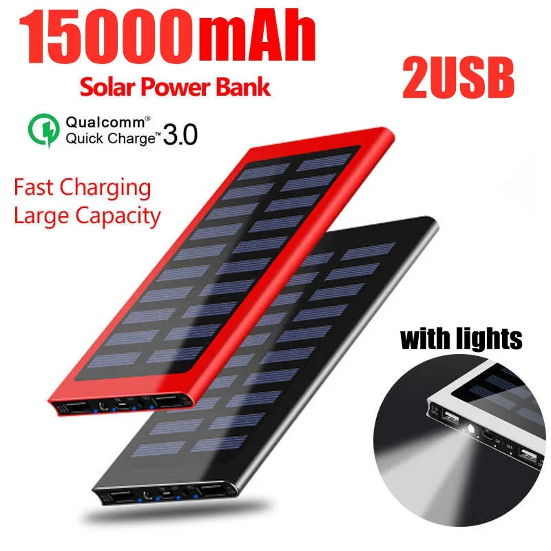 

Solar Power Bank External Battery 15000mAh Dual USB with LED Lights Portable Mobile Phone Charger For iPhone 12Pro Xiaomi Huawei