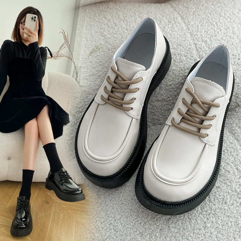 2023 Spring Autumn Women Oxford Shoes Flat on Platform Casual Shoes Black Lace Up Leather Shoes Sewing Round Toe Zapatos Mujer