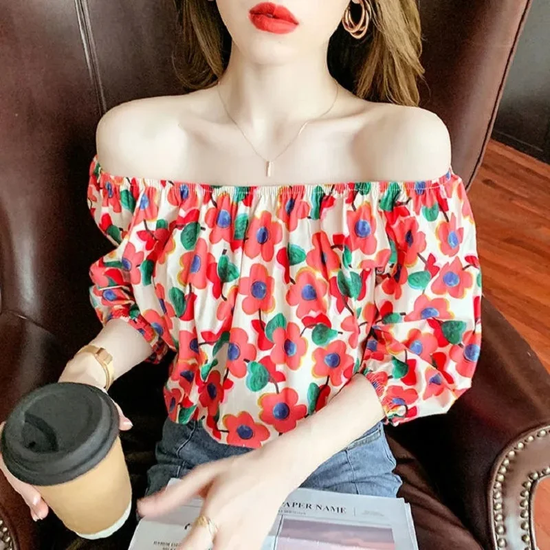 

Off-shoulder Chiffon Shirt women Floral Loose Summer T-shirt Short sleeve Printed Top French Shirts Beach Wear Blouses for Women