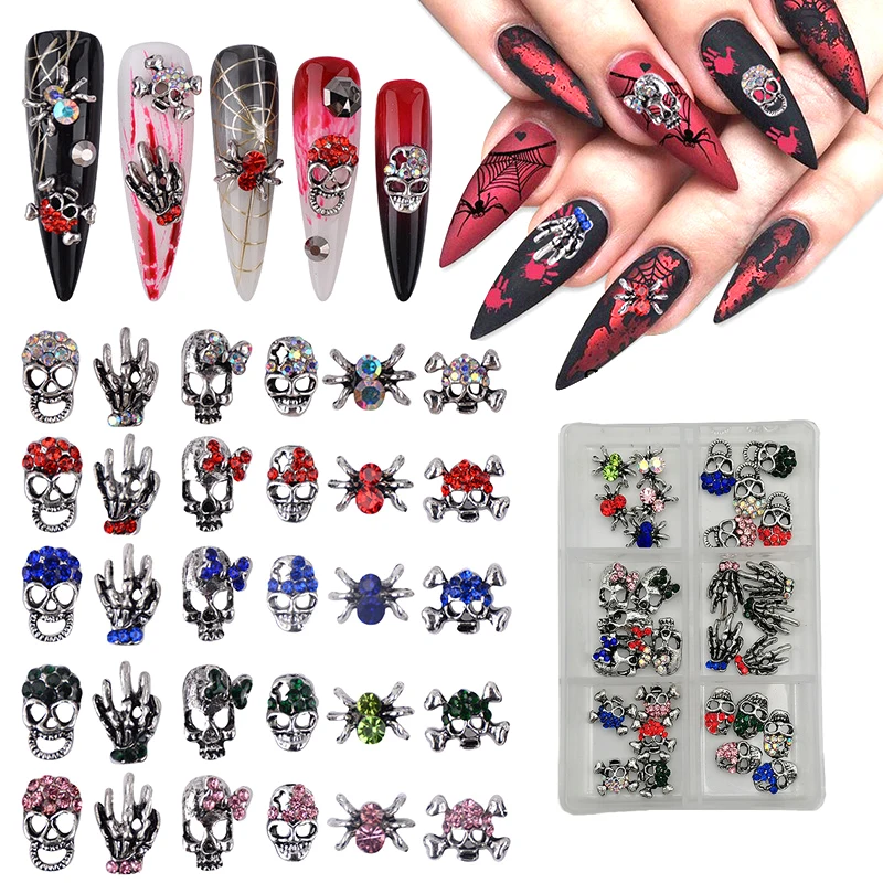 

60pcs Halloween Dark Punk Diamonds Inlaid Spider Web Skull Skeleton Claw Alloy Nail Art Rhinestones Jewelry Manicure Charms