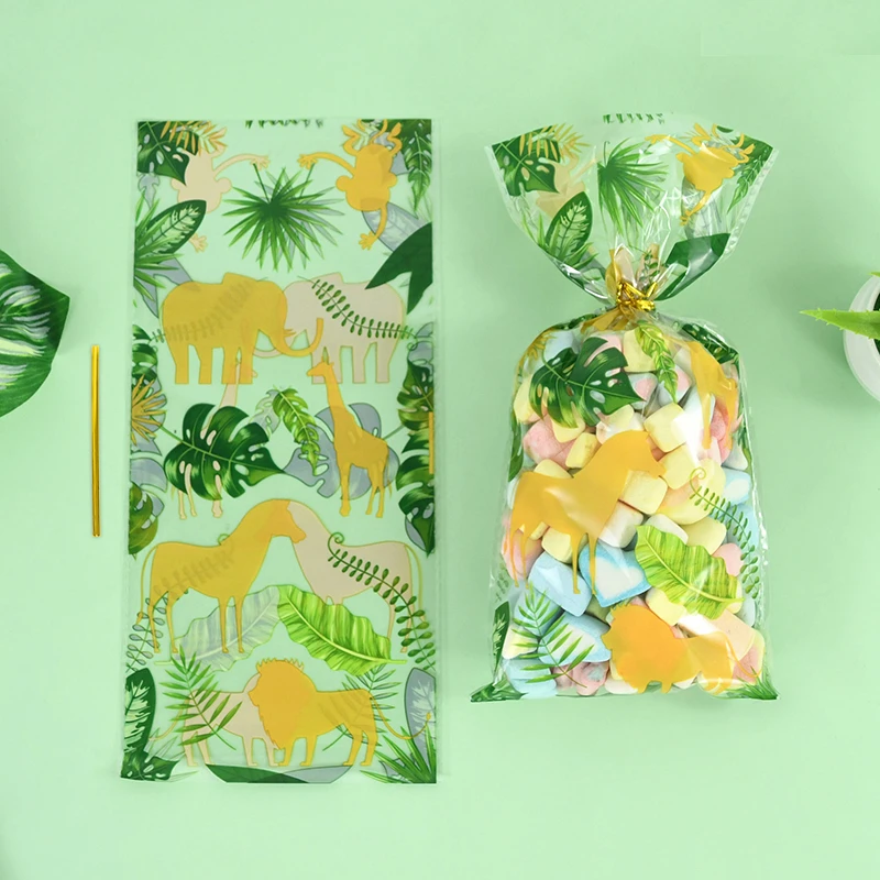 

20pcs Hawaiian Leaves Candy Bags Jungle Safari Clear Cookie Snack Bag Wedding Birthday Party Favors Gifts Packaging Decorations