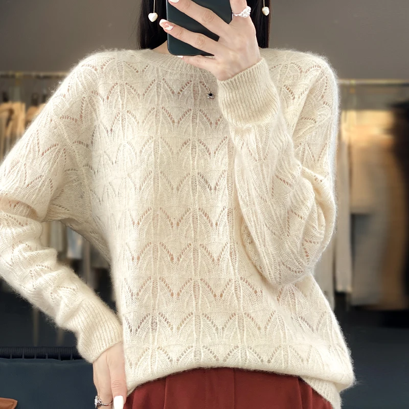 

Женская одежда, свитер, новый вязаный ажурный топ на весну и осень, пуловер из 100% мериносовой шерсти с круглым вырезом, кашемировый свитер