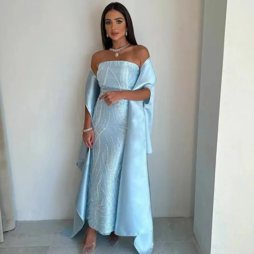 

AGLEA Sky Blue Sheath Prom Dresses Strapless Long Elegant Party Women Wear for Evening with Wraps Saudi Arabia Vestidos De Novia