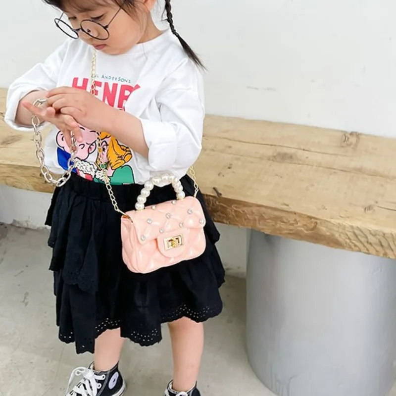 New Girls Candy Color Fashion Mini Chain Small Square Bags Princess Personality Children Shoulder Pearl Portable Bag