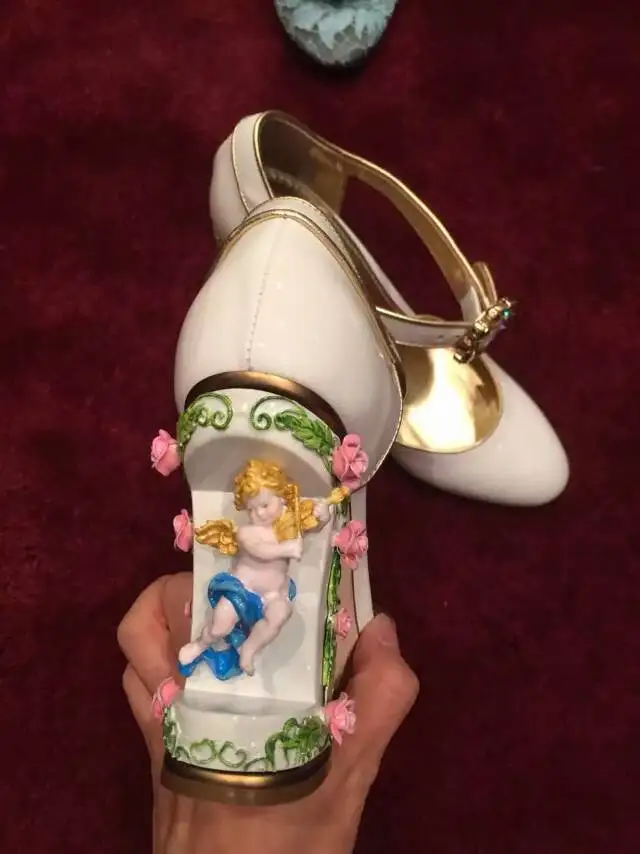 

Mary Janes Strange Little Angel Chunky Heel Women's Design Pumps Round Head Retro Flower Instruments Embellished High Heel Shoes