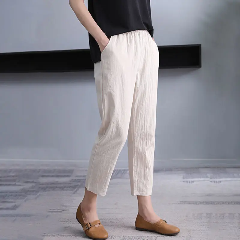 

Брюки женские из 2022 хлопка и льна, однотонные шаровары с эластичным поясом, Свободные повседневные льняные штаны, большие размеры, весна-лето