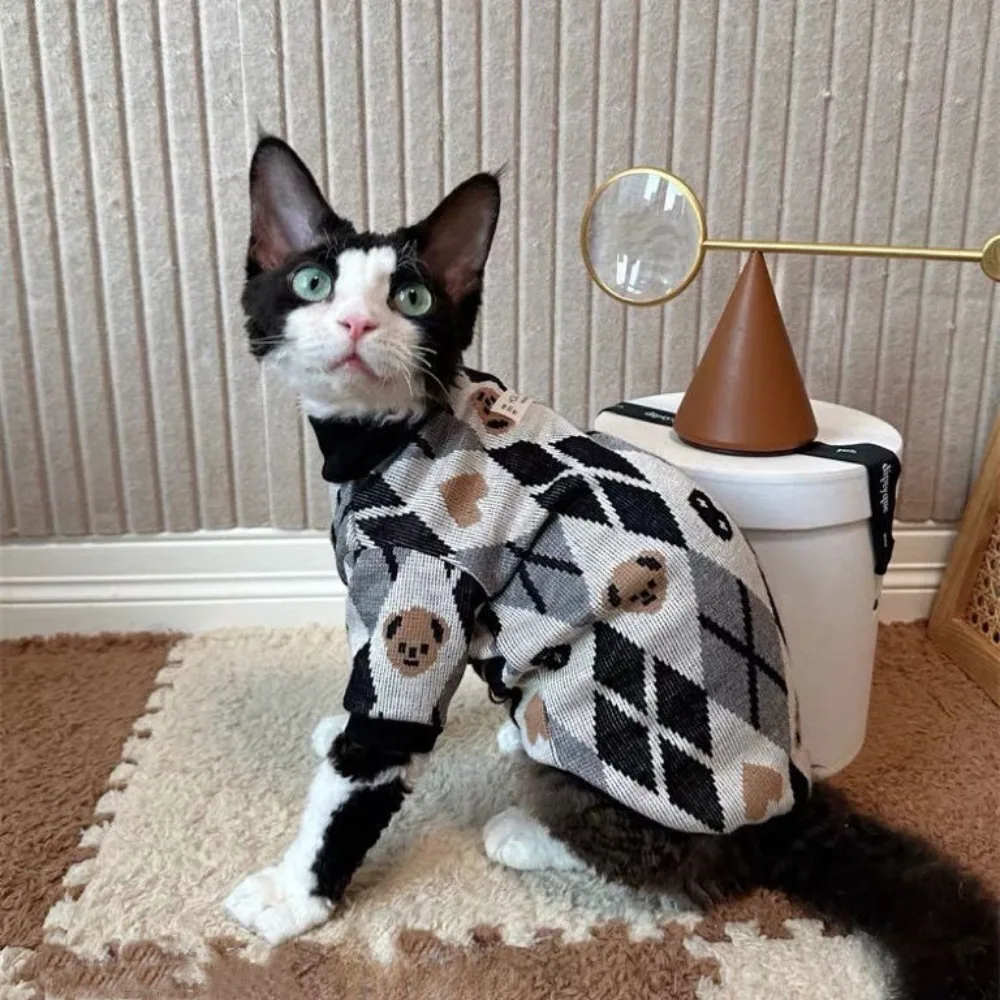 Осенне-зимняя одежда для кошек со сфинксом винтажный клетчатый свитер с высоким