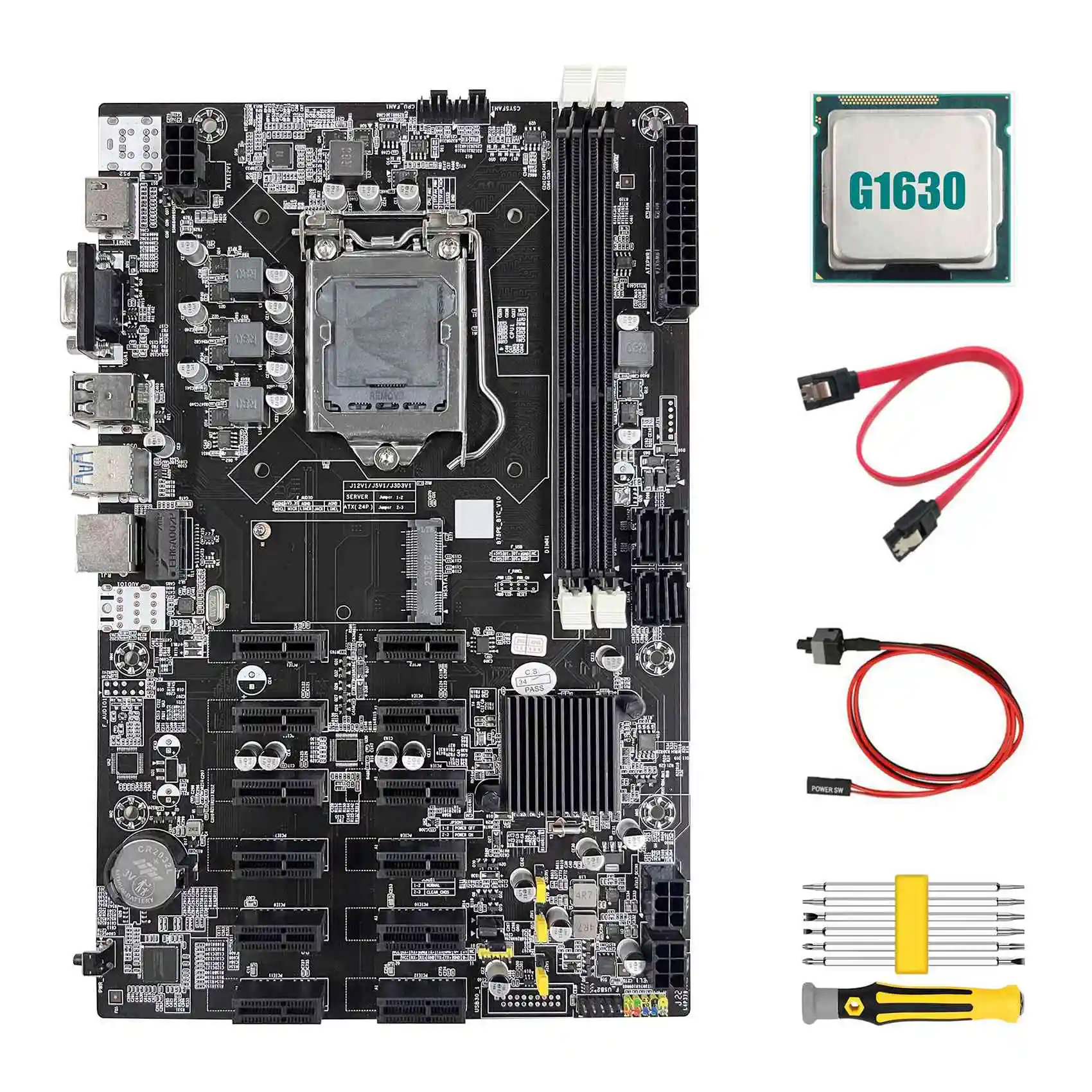 B75 ETH Mining Motherboard 12 PCIE+G1630 CPU+Screwdriver Set+SATA Cable+Switch Cable LGA1155 B75 BTC Miner Motherboard