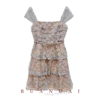 solid color hollow sleeveless a line dress for ruandai 2022 summer new square neck snowflake sequin mesh embroidered dress women