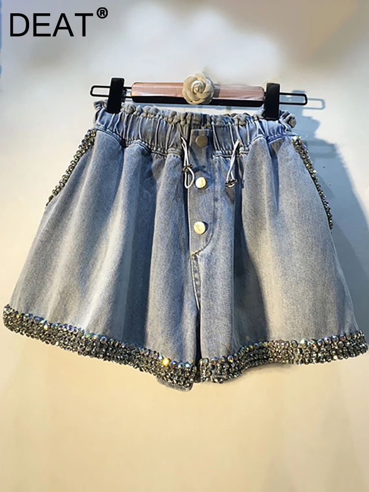 

DEAT Women's Shorts Elastic High Waist Diamonds Loose Drawstring Wide Leg Short Denim Pants 2023 Autumn New Fashion 29L1346
