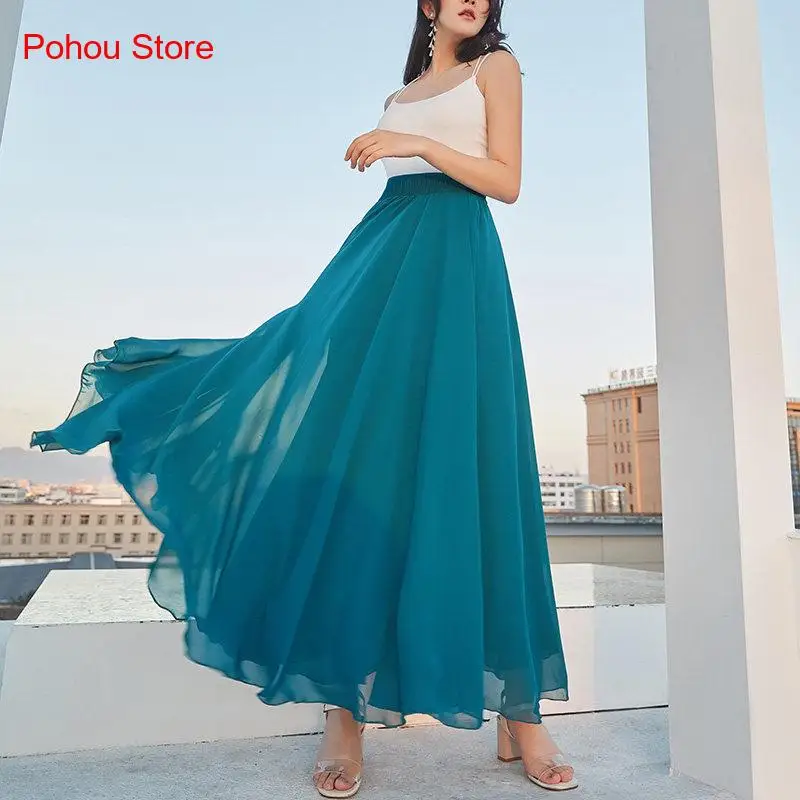 Женская шифоновая пляжная трапециевидная юбка трехслойная длинная