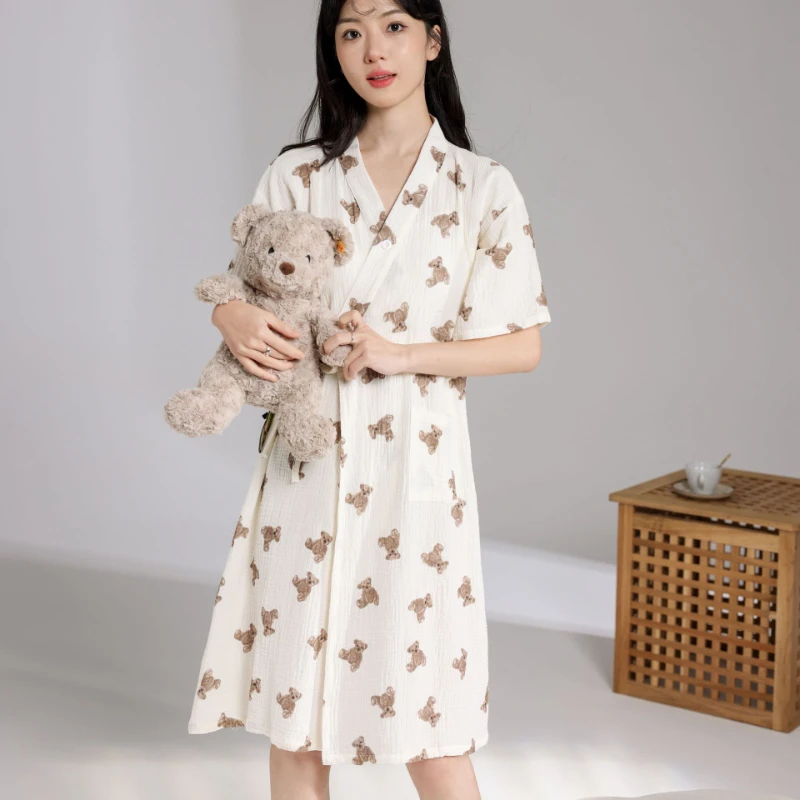 Pajamas For Women's Summer Pure Cotton Kimono Nightgowns Thin Bathrobe Sweet Style Home Service Comfortable and Casual Sleepwear