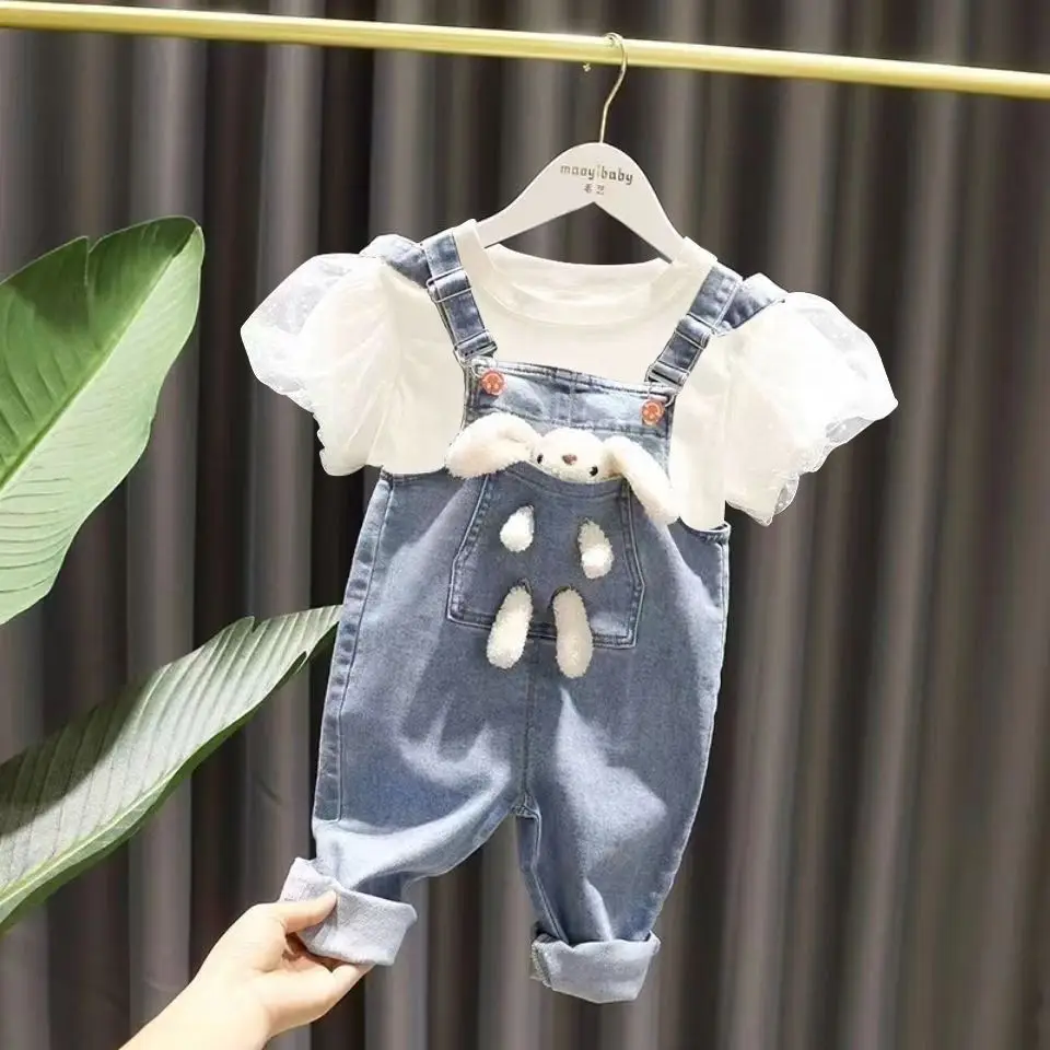 

Girls Summer Denim Set Baby Girl Cotton Short Sleeve T Denim Strap Pants Children's Casual Fashionable Two Piece Set