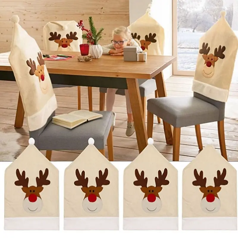 

4PC Deer Hat Chair Covers Christmas Decor Dinner Chair Xmas Cap Sets Reindeer