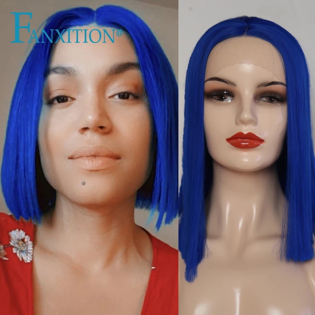 

FANXITION Synthetic Lace Wig Short Bob Dark Blue/Light Blue Straight Lace Front Wigs For Black Women Glueless Cosplay Party