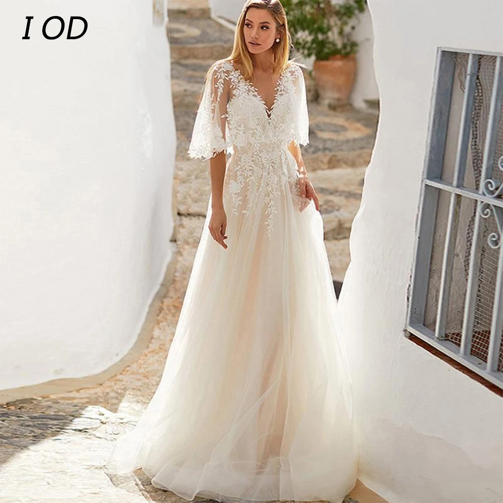 

I OD Modern A-Line Wedding Dress V-Neck Lace Applique Batwing Half Sleeves Backless Tulle Bridal Gown Button Vestidos De Novia