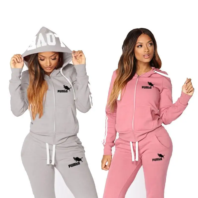 

Custom Logo Women's Sportswear 2pcs Women's Hooded Long Sleeve Zip Tracksuits Long Pants Trousers Loose Top Casual Clothes Set