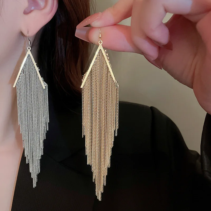 

KAITIN Long Chain V-shaped Geometric Tassel Earrings for Women Fashion Ear Hook Metal Style Silver Needle Drop Earrings Women