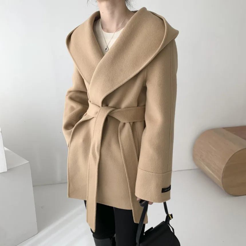 

Solid Women Faux Wool Coats with Belt Winter Coat OL Elegant Cardigan Minimalist Hooded Woolen Jacket 2022 Casual Outwear