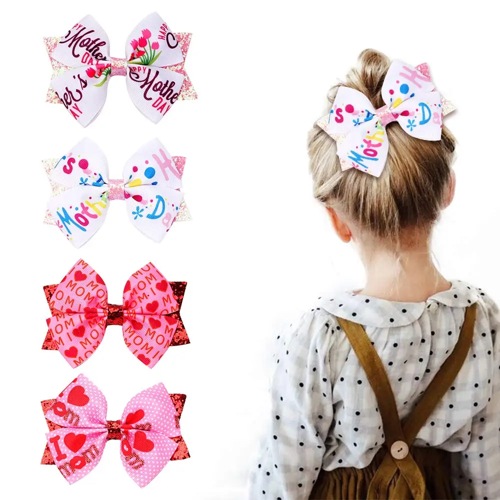 

3/3.5inch Boutique Handmade Colorful Print Letters Ribbon Grosgrain Hair Bow With Clips For Kids Girls Hair Accessories