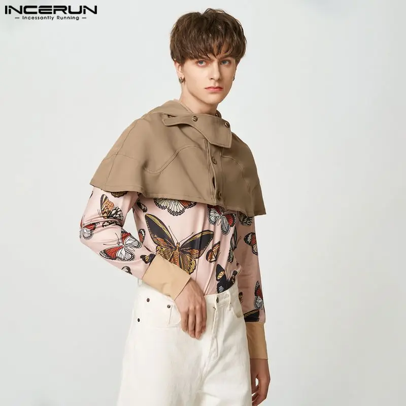 

INCERUN 2023 Summer Spring Tops New Men's Sleeveless Hooded Cloaks Cape Short Trench Thin Jackets Fashion Male Streetwear S-5XL