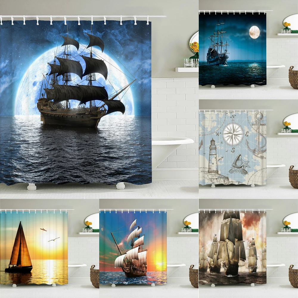 

High Quality Vintage Ocean Sailboat Pirate ship Fabric Shower Curtain Waterproof Bath Curtains for Bathroom Decor with Hooks