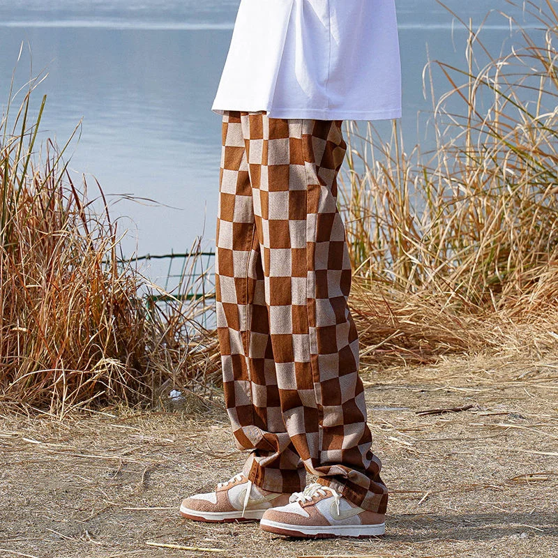 Black//Khaki Jeans Men Fashion Casual Loose Plaid Jeanss Men Streetwear Hip Hop Straight Denim Pants Men Trousers S-2XL